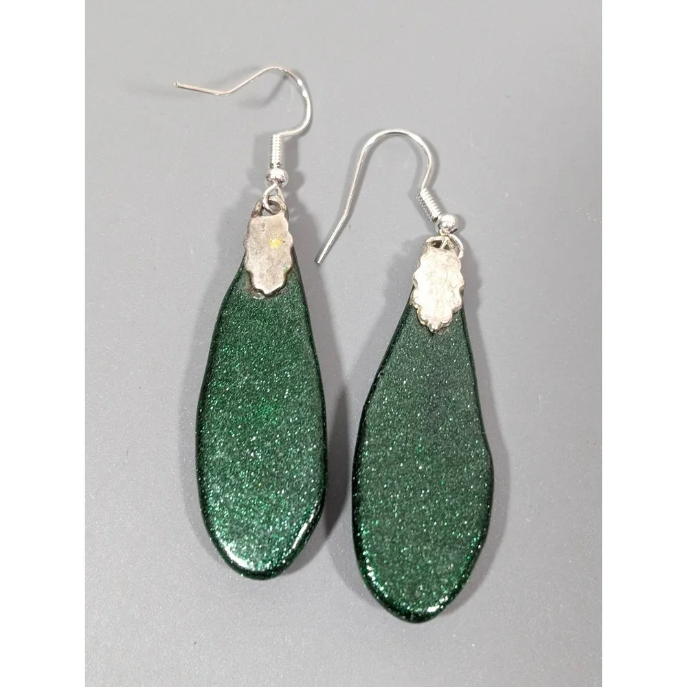 Handmade Fused Glass Green‎ Blue Teardrop Dangle Earrings Artisan